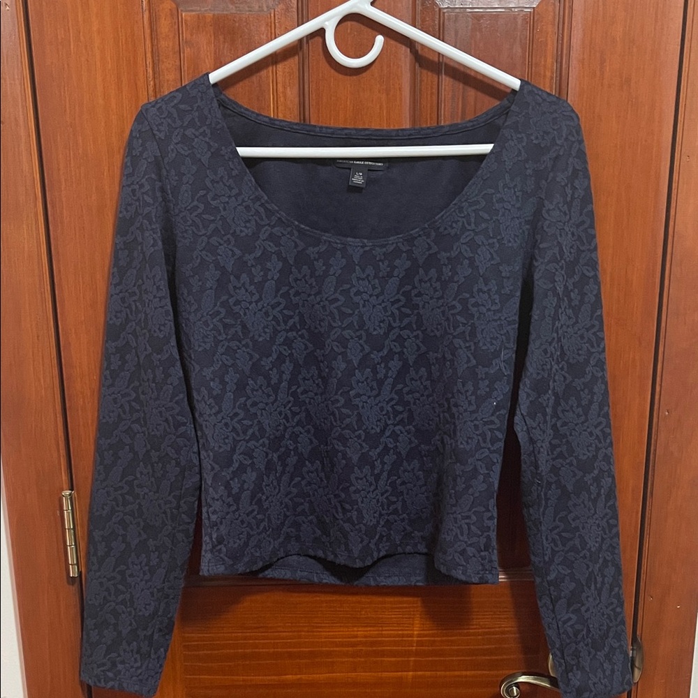 American Eagle Outfitters Navy Floral Scoop-Neck Long Sleeve Top